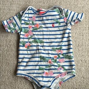 Joules brand baby bodysuit. Floral and striped short sleeve shirt.